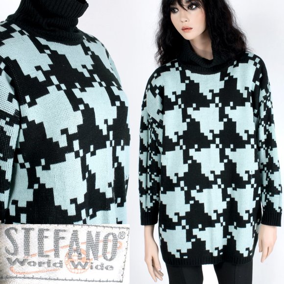 OS Vintage 90s Stefano Teal Black Oversize Houndstooth Sweater New Wave 80s - Picture 1 of 9